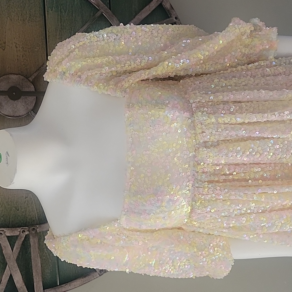 Selkie The Rainbow Sparkling Sequin Puff Sleeve Dress - Picture 3 of 16